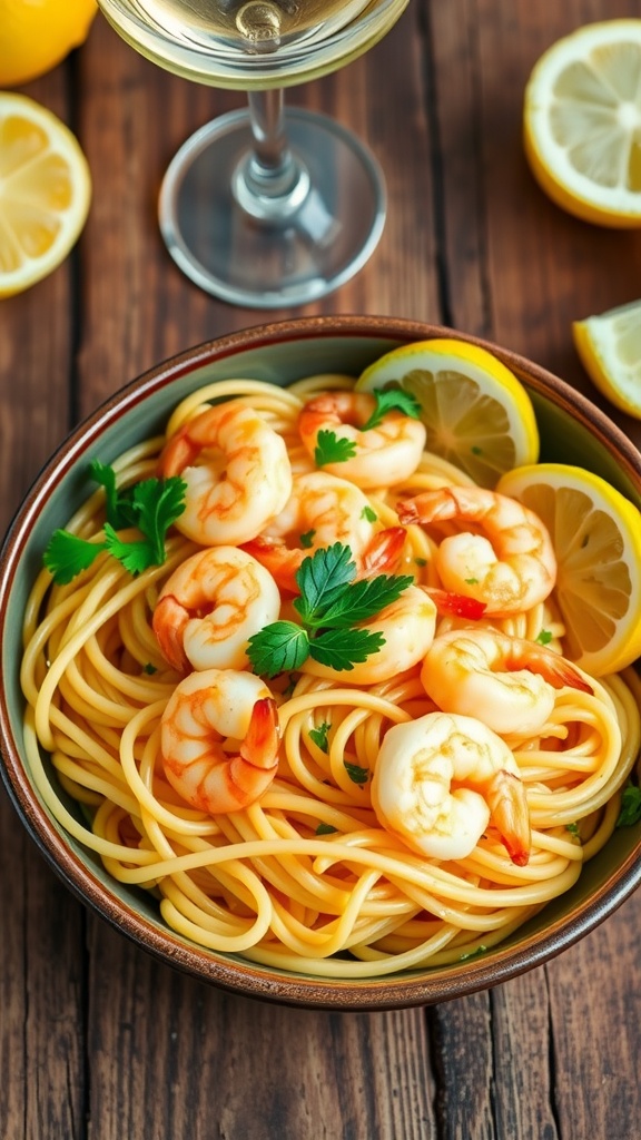Garlic Lemon Butter Shrimp Pasta A bowl of garlic lemon butter shrimp pasta with shrimp and spaghetti, garnished with parsley and lemon, on a wooden table.